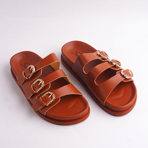 Alayna Fashion pair of Brown Triple-Strap Rhinestone Slides, jeweled flat sandals.