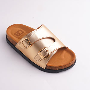 Close-up of Gold Metallic Slide showing the double strap and gold adjustable buckles.