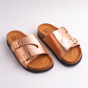 Pair of Rose Gold Double Buckle Cork Slides with black sole.