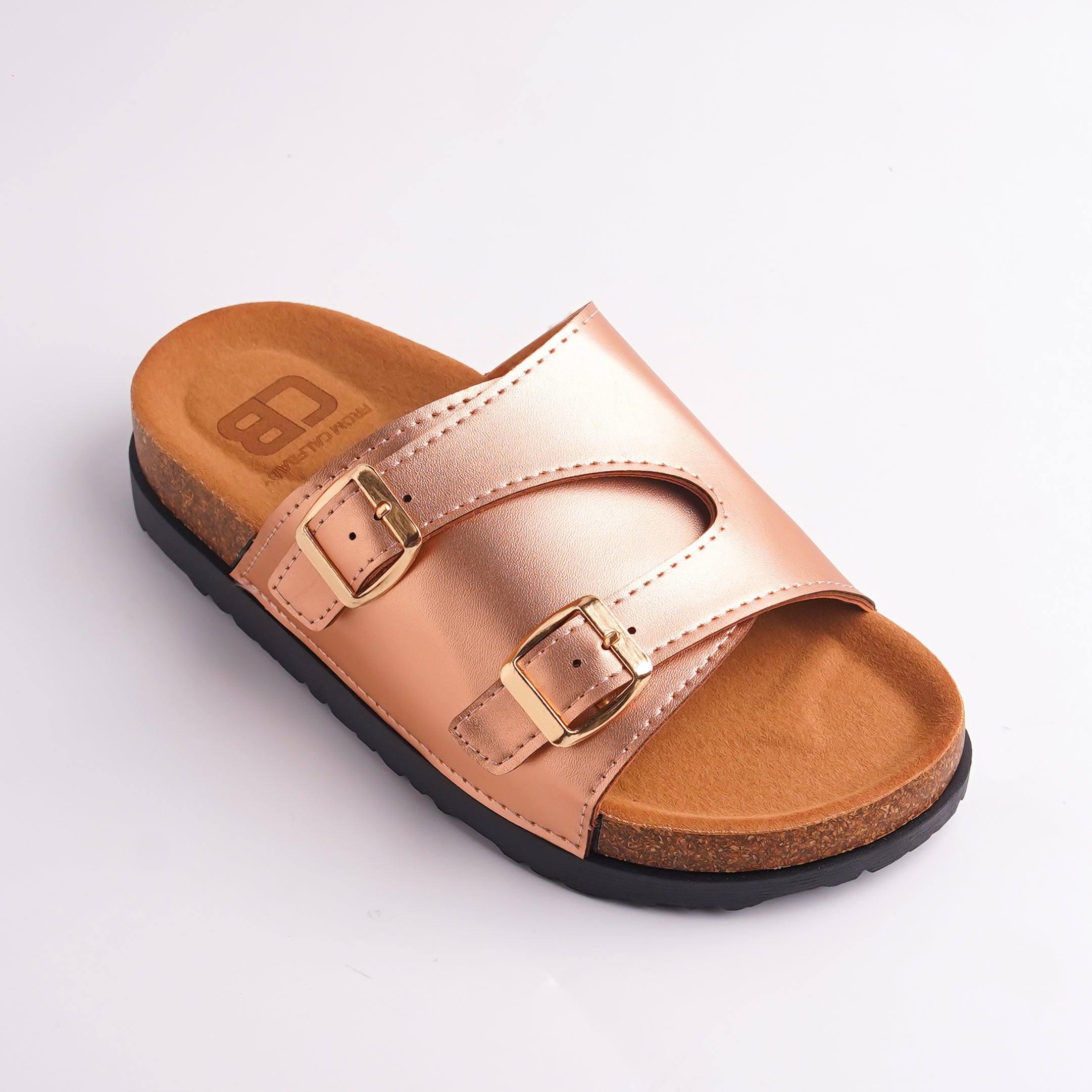 Close-up of Rose Gold Metallic Slide showing the double strap and gold adjustable buckles.