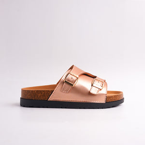Side profile of Rose Gold Cork Slide showing the visible cork footbed layer.