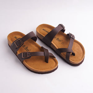 Alayna Fashion Dark Brown Cork Footbed Sandals for women with adjustable buckles and toe ring.