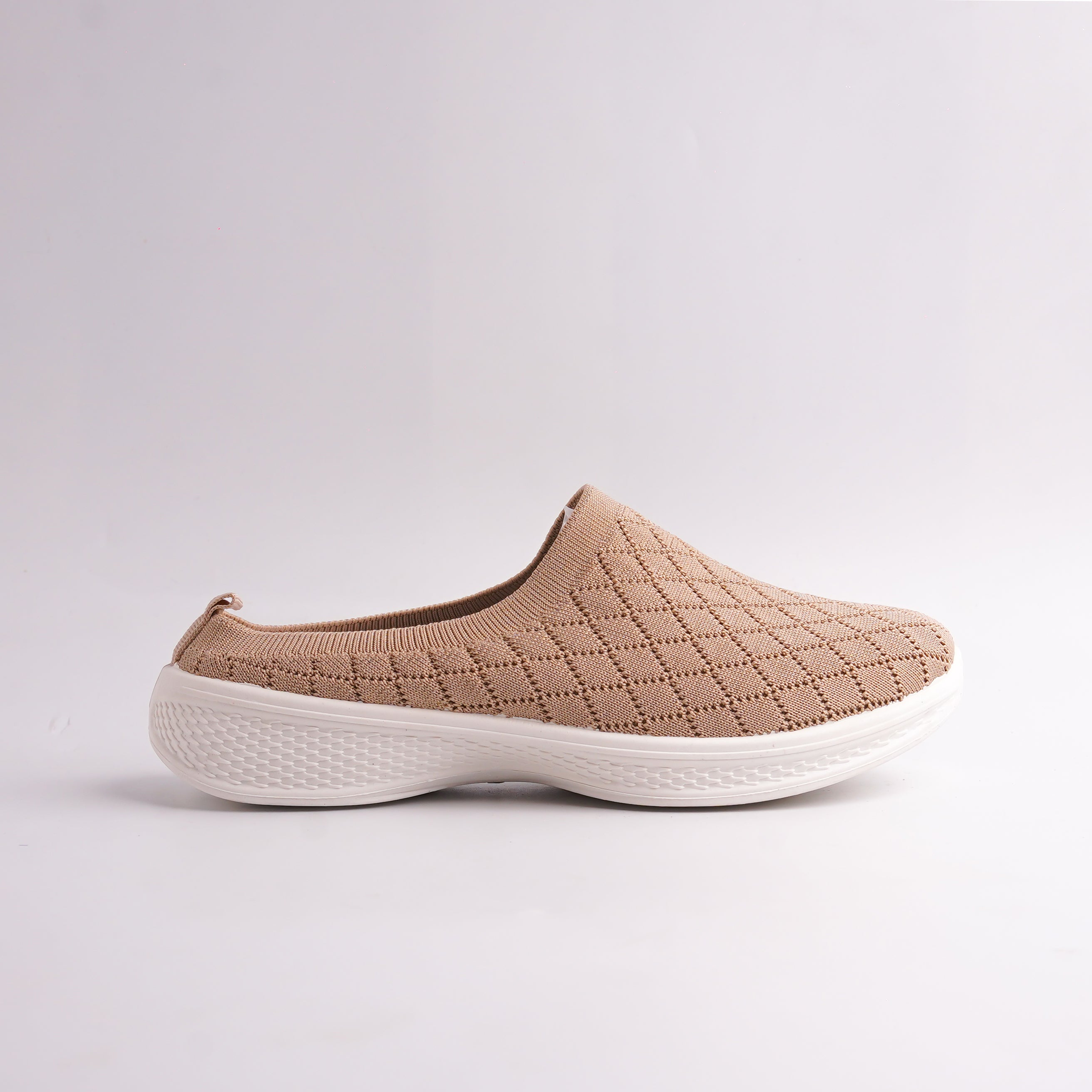 Side profile of Taupe Knit Comfort Mule, showing the backless design and thick sole.
