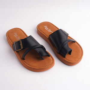 Pair of Black Toe-Loop Buckle Slides with tan brown sole and Shoe Star branding.