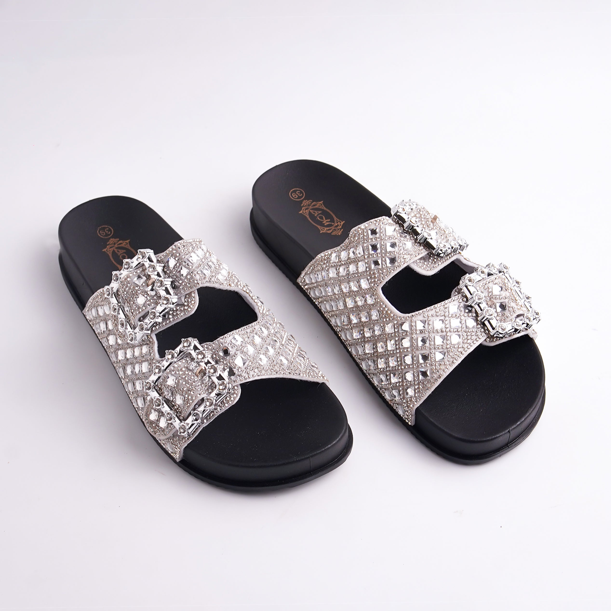 Alayna Fashion | Dazzling Rhinestone Double Buckle Slides – Glamorous Party Flats