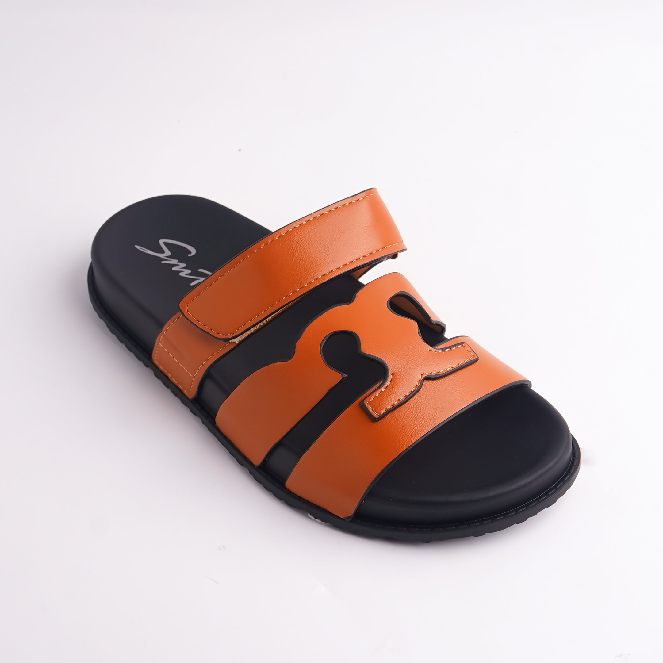 Close-up of Tan Cut-Out H-Strap Slide showing the adjustable strap and unique logo design.