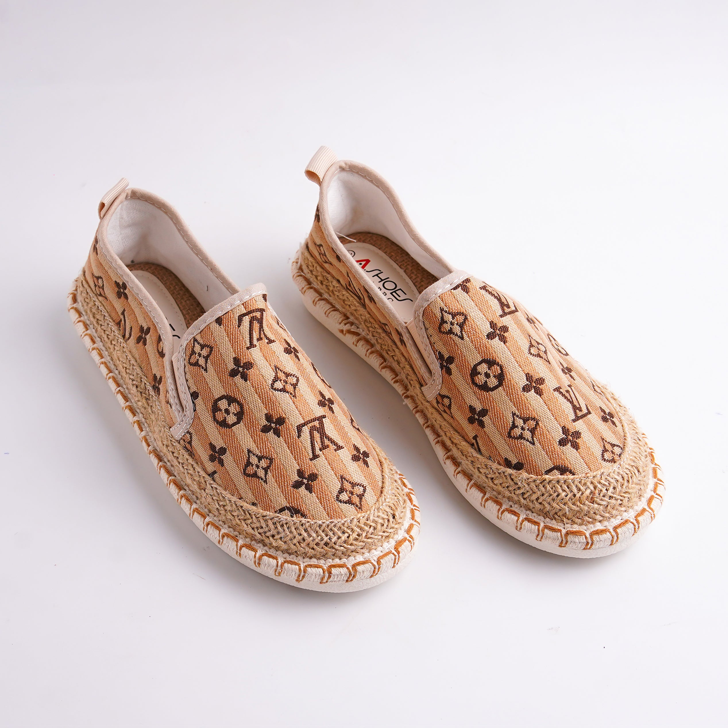 Pair of espadrilles with a brand logo on a white background