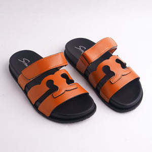 Alayna Fashion pair of Tan Cut-Out Designer-Style Slides for women with black sole, top view.