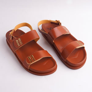 Alayna Fashion pair of Brown Two-Strap Comfort Sandals with gold designer accents, top view.
