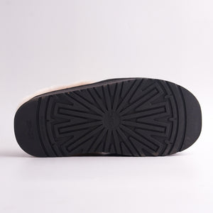 Black anti-slip, heavy-tread sole of Faux Fur Mules, bottom view.