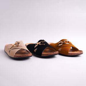 Three pairs of sandals in beige, black, and brown on a light gray background