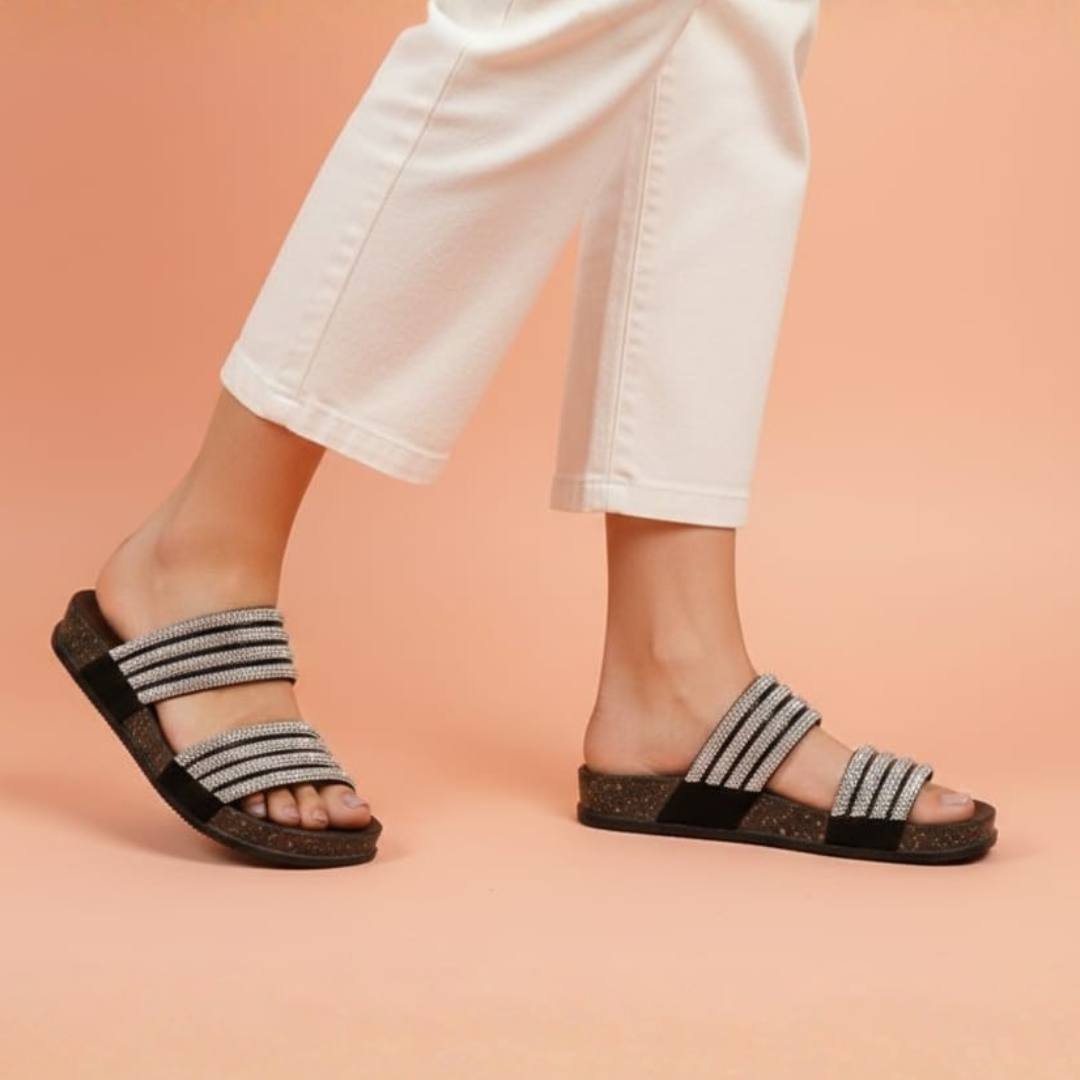 Alayna Fashion | Women’s Shimmering Multi-Strap Cork Slides – Ergonomic Bling Festive Flats