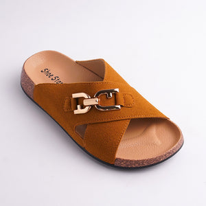 Brown sandal with a gold buckle on a light gray background