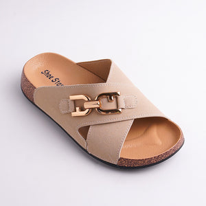 Beige sandal with a gold buckle on a light gray background
