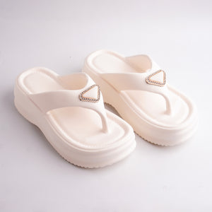 Pair of Cream Platform Thong Sandals with a triangular rhinestone embellishment.