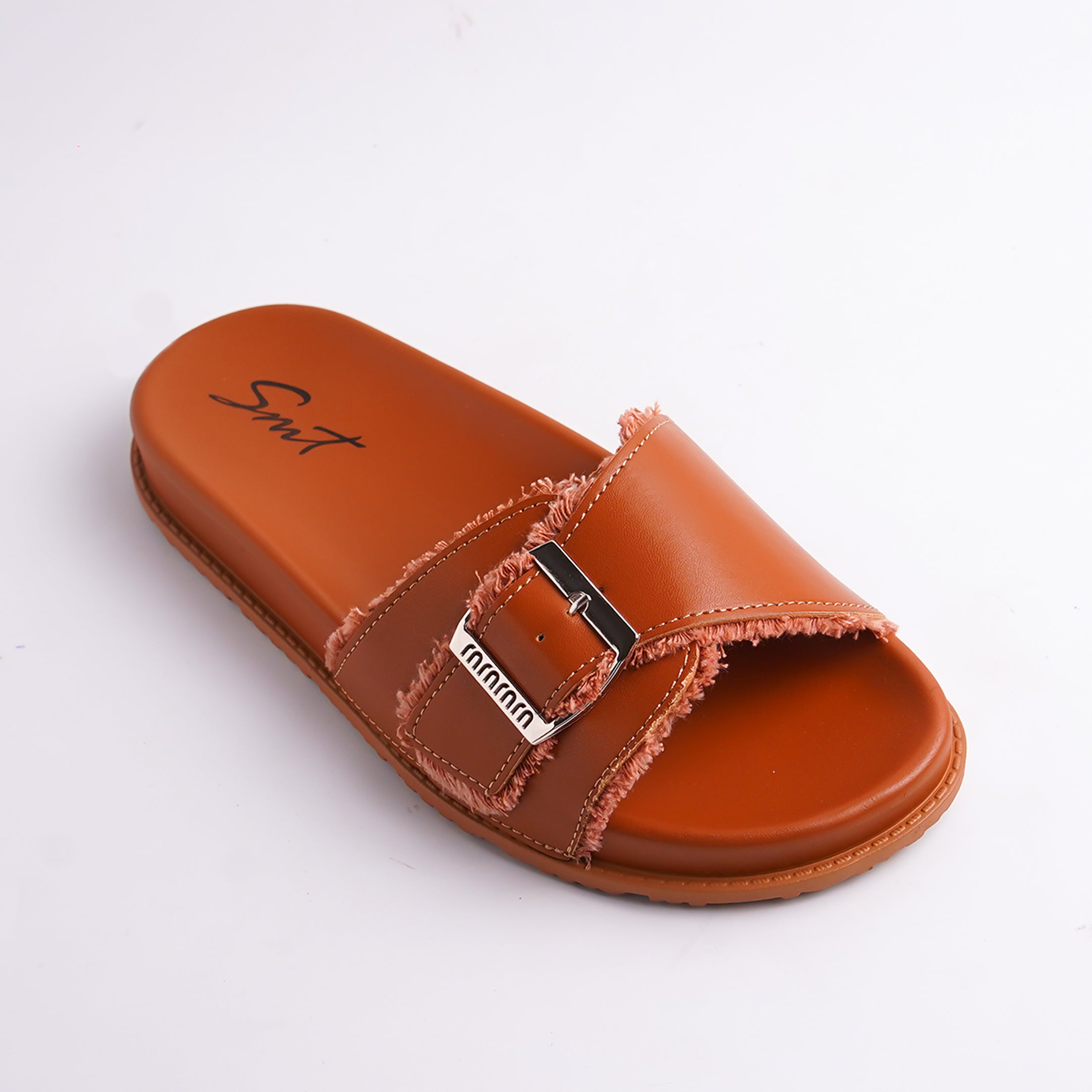 Alayna Fashion | Brown Frayed Edge Cross-Strap Slides