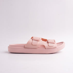 Side view of Pink Double Buckle Cloud Slide showing the thick, cushioned EVA sole.