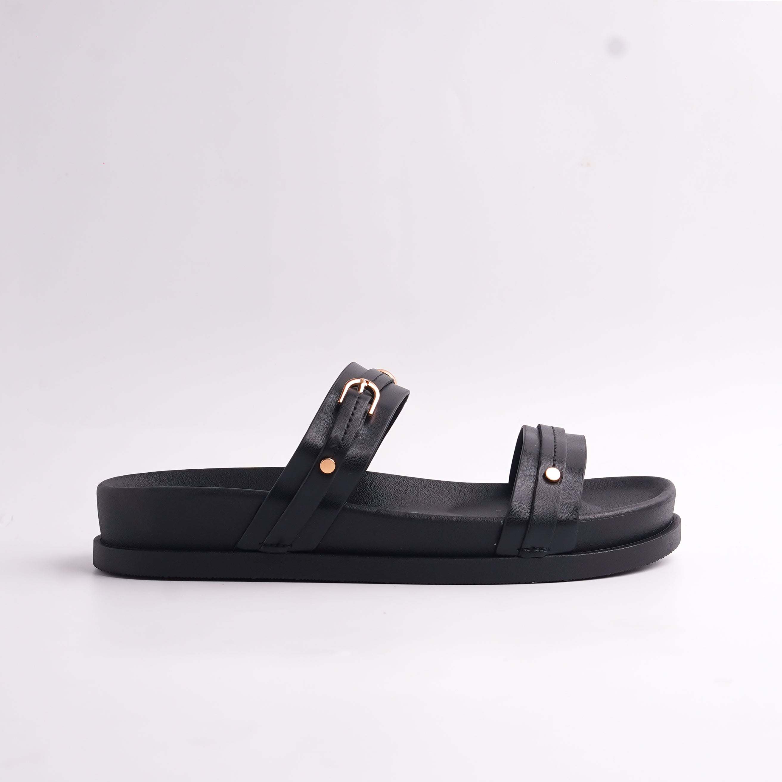 Top angled view of Black Two-Strap Ladies Casual Sandals with gold studs and ER FISH COMFORT branding.