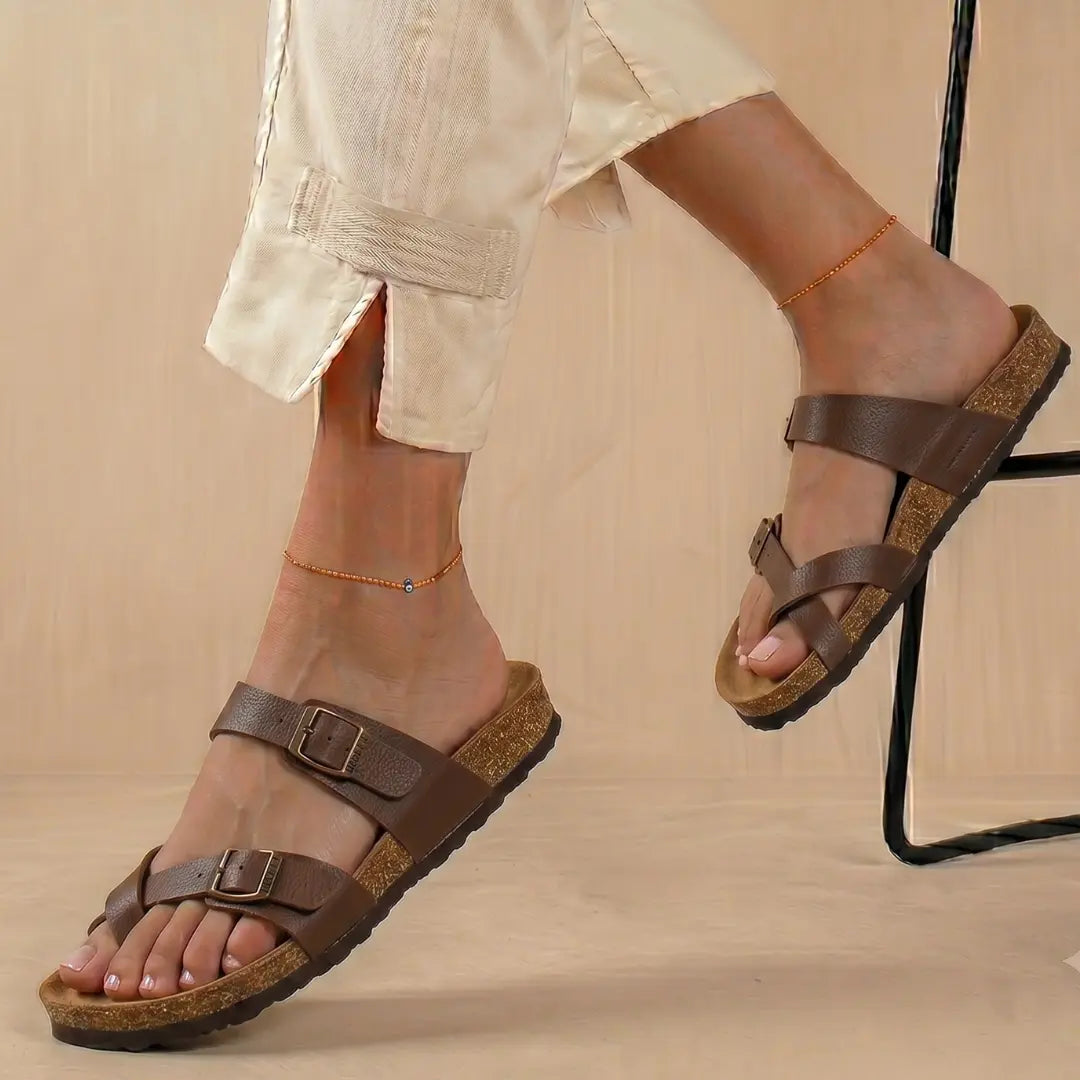 Alayna Fashion | Toe-Loop Cork Comfort Sandals – Double Buckle Nicola Flats