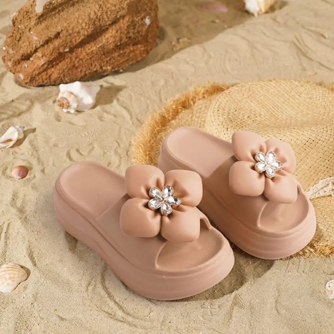 Alayna Fashion | Platform Flower Slides – Rhinestone Chunky Sole Slides