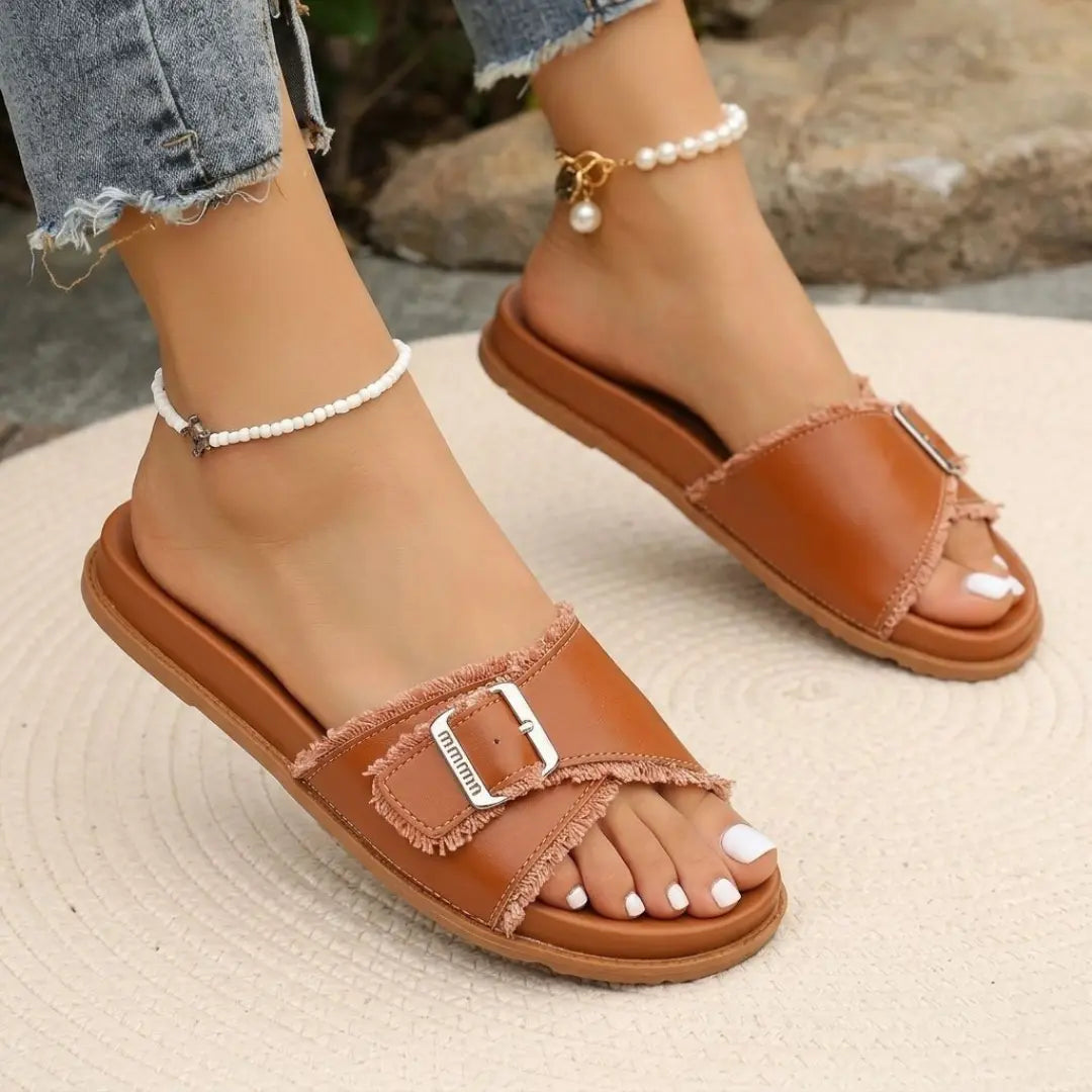 Alayna Fashion | Brown Frayed Edge Cross-Strap Slides