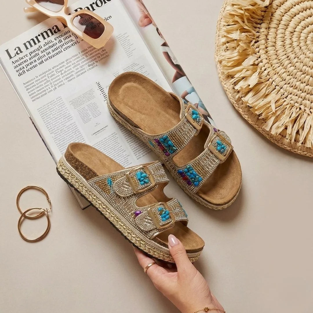 Alayna Fashion | The Nomad-Chic Artisan Platforms – Hand-Embellished Double-Buckle Wedges
