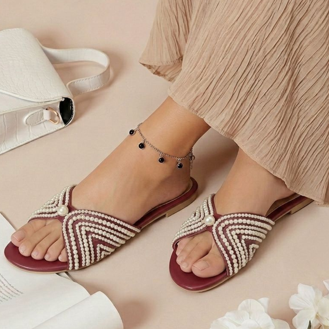 Alayna Fashion | The Pearl-Chevron Luxe Slides – Hand-Embellished Cross-Strap Flats