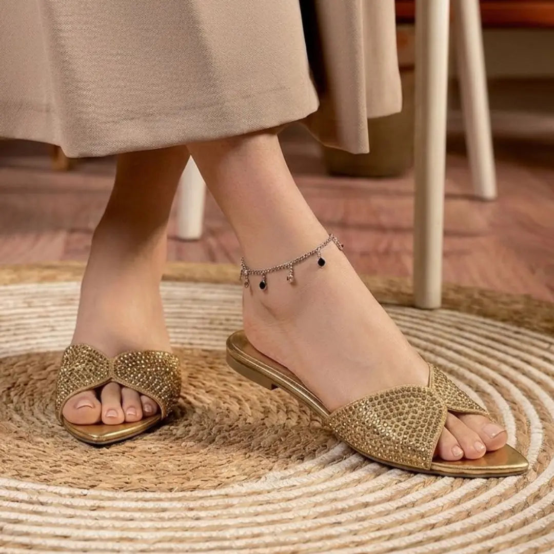 Alayna Fashion | The Aura-Glow Crystal Slides – Tapered-Toe Rhinestone Festive Slippers