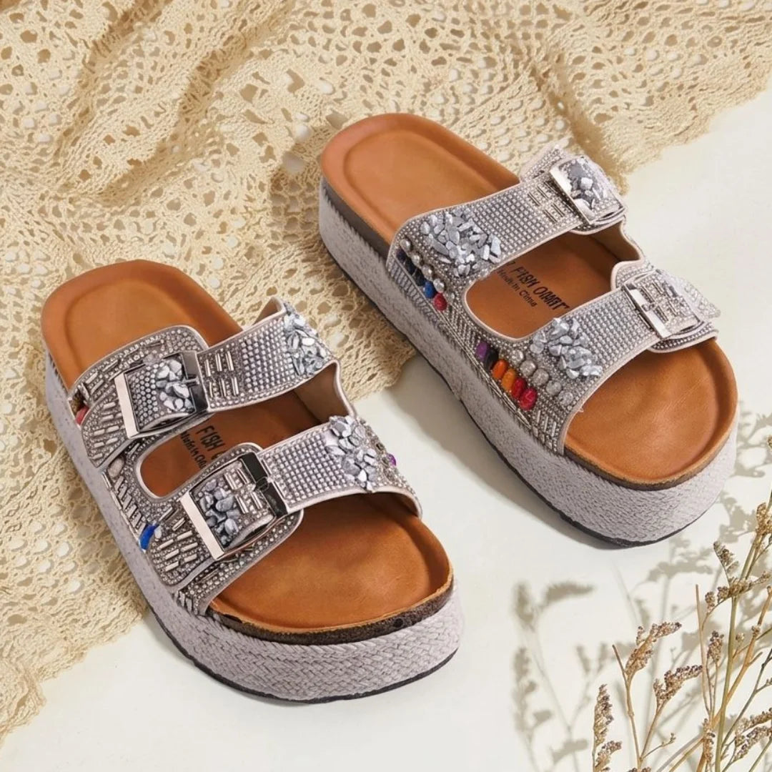Alayna Fashion | Embellished Beaded Platform Slides – Luxury Double Buckle Sandals