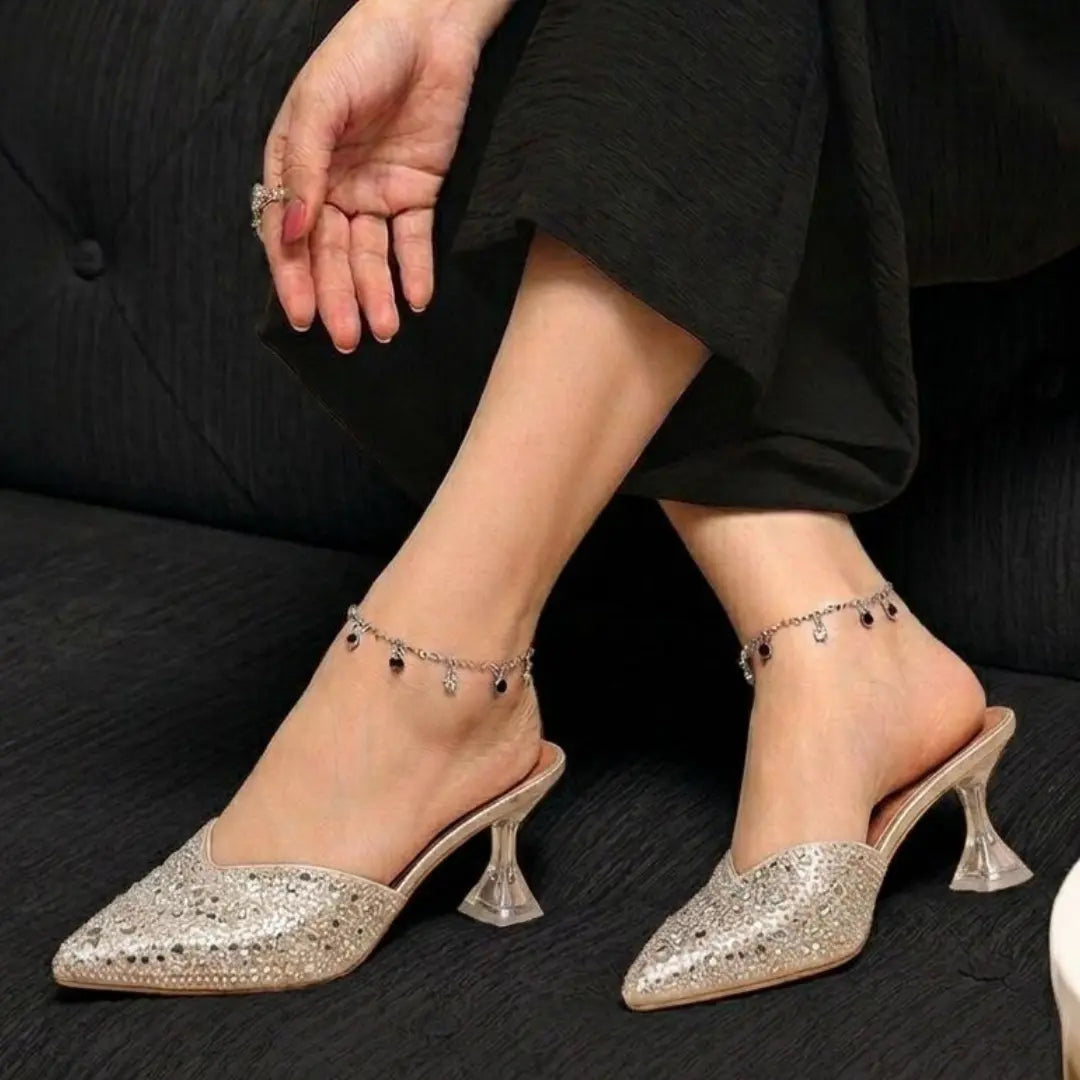 Alayna Fashion | The Zenith Crystal Trumpet Heels – All-Over Shimmer Pointed Mules