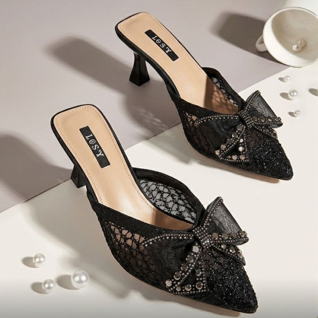Alayna Fashion | The Aurora Mesh-Bow Heeled Mules – Crystal-Dusted Pointed Festive Heels