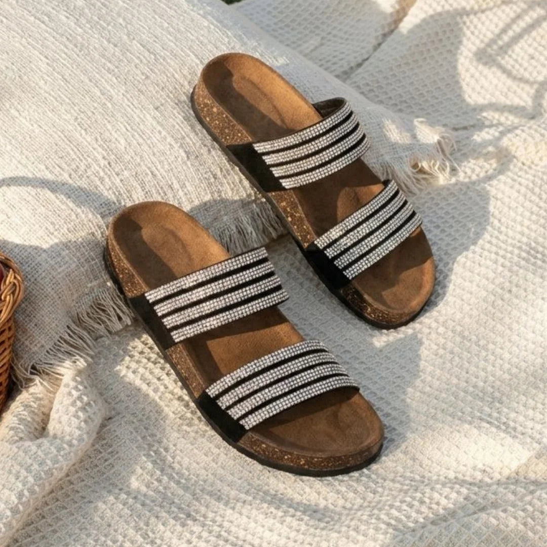 Alayna Fashion | Women’s Shimmering Multi-Strap Cork Slides – Ergonomic Bling Festive Flats