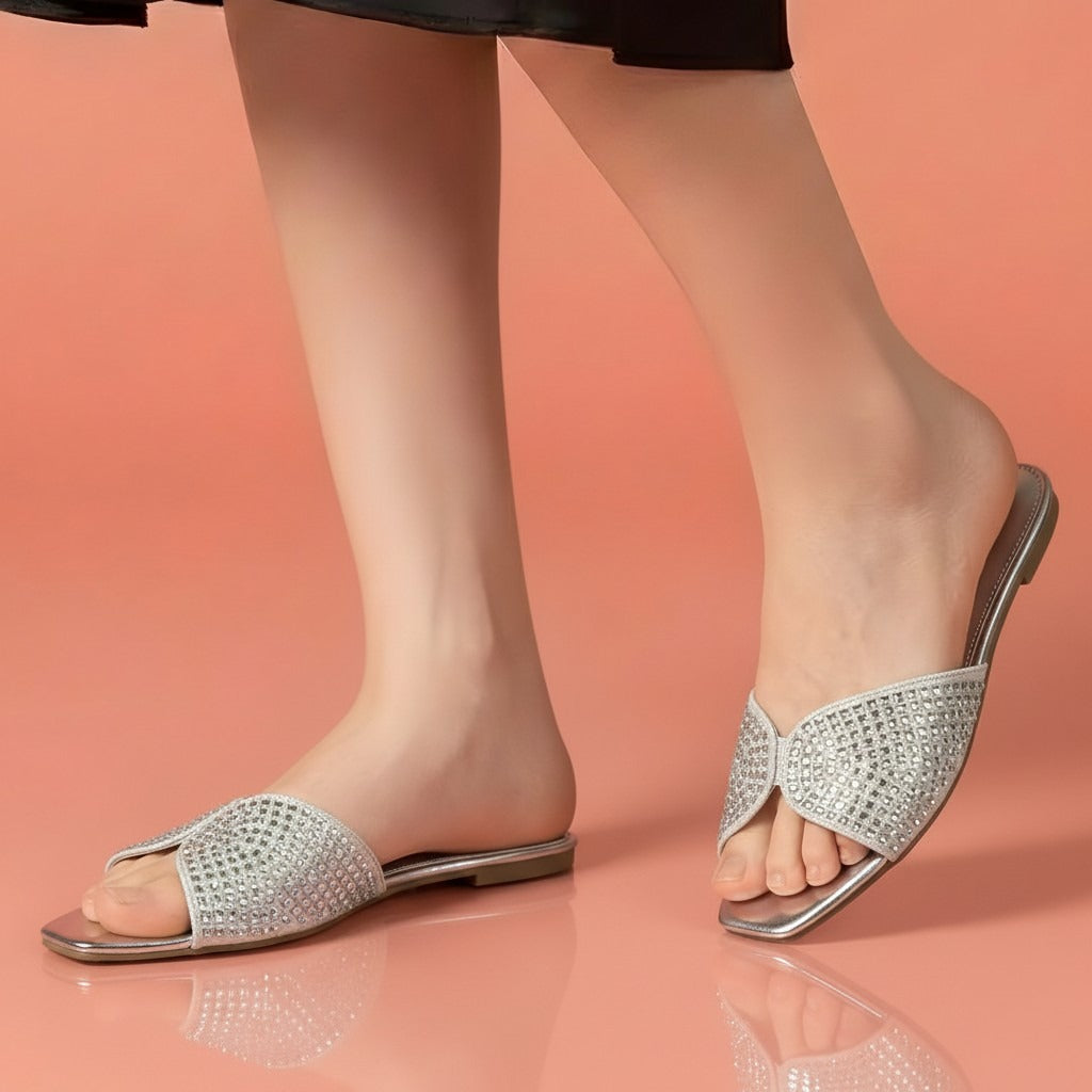 Alayna Fashion | The Aura-Glow Crystal Slides – Tapered-Toe Rhinestone Festive Slippers