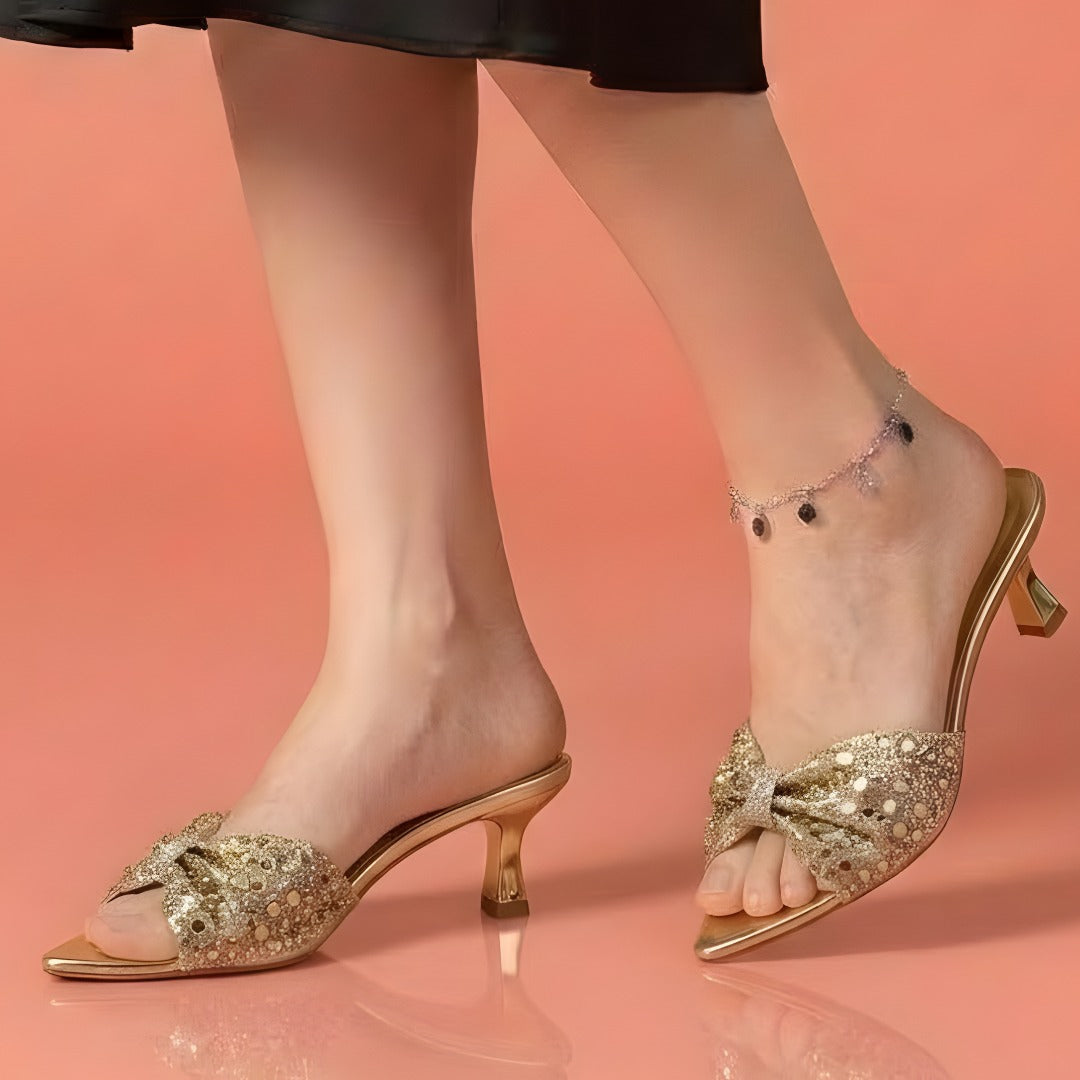 Alayna Fashion | The Stellar-Glaze Bow Mules – Sequin-Mesh Pointed Festive Heels