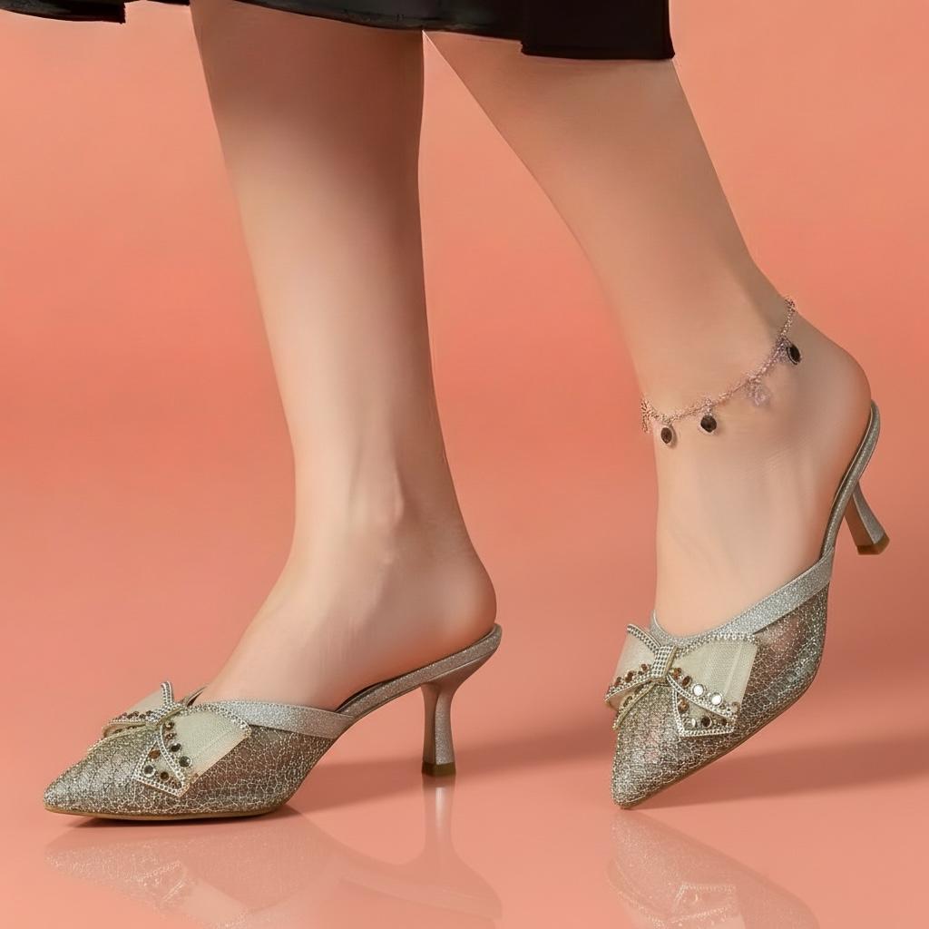 Alayna Fashion | The Aurora Mesh-Bow Heeled Mules – Crystal-Dusted Pointed Festive Heels