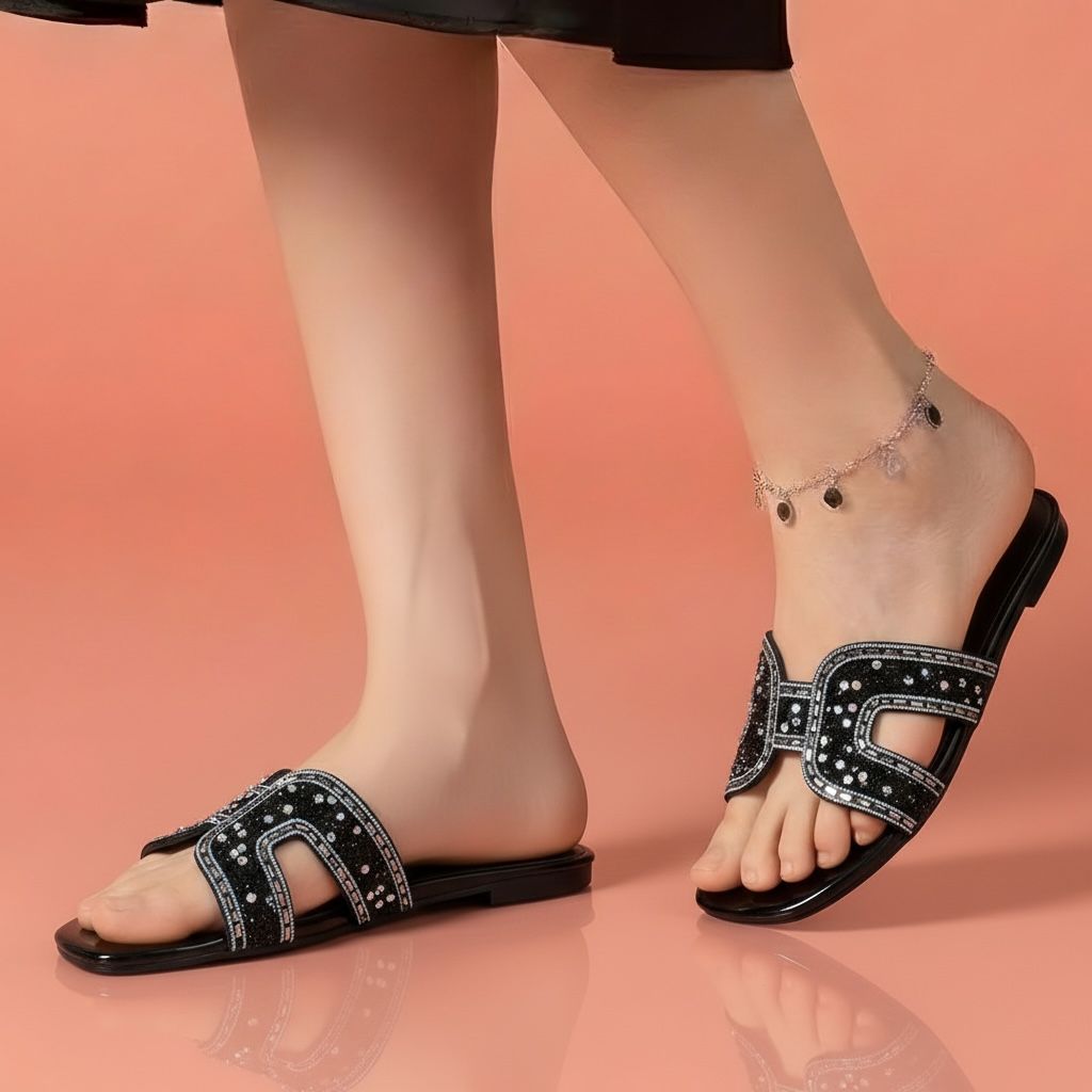 Alayna Fashion | The Orbital-Shine Festive Slides – Crystal-Encrusted Double-Arch Flats