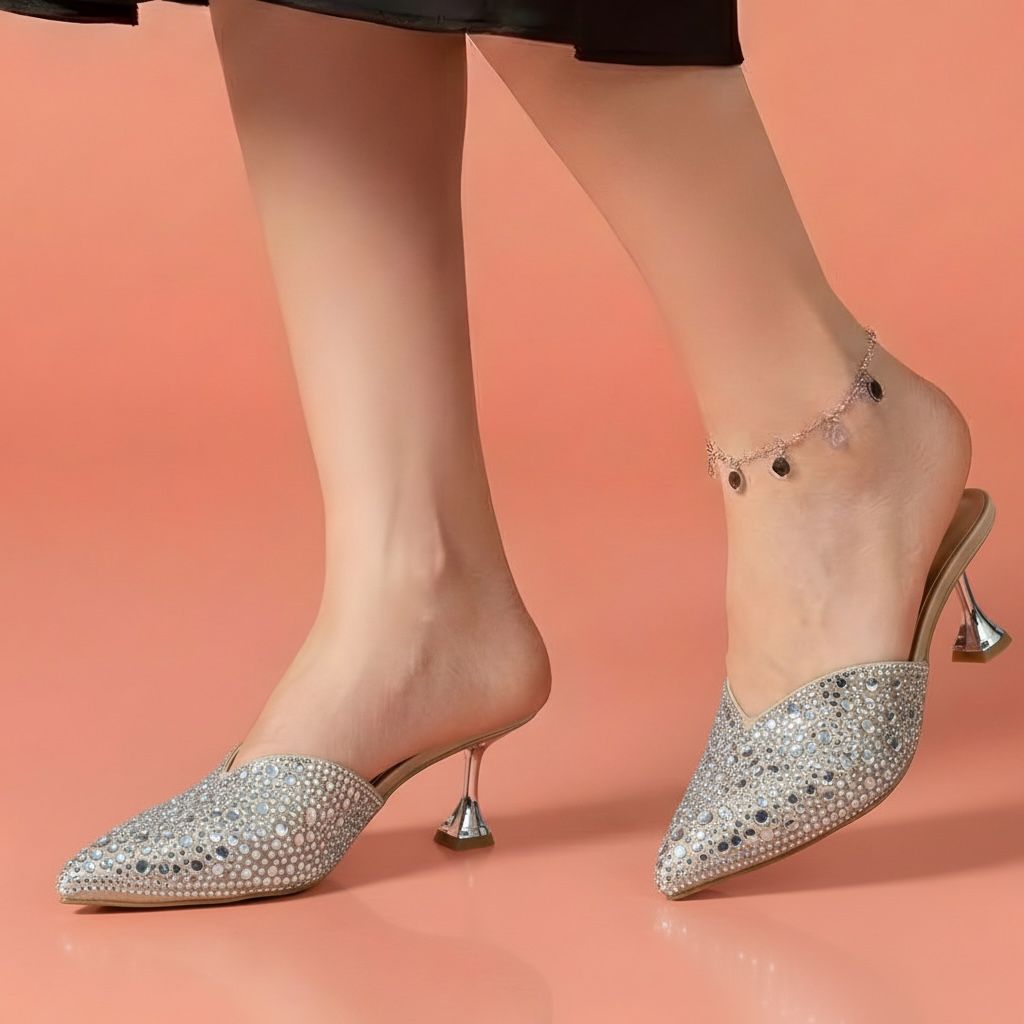 Alayna Fashion | The Zenith Crystal Trumpet Heels – All-Over Shimmer Pointed Mules