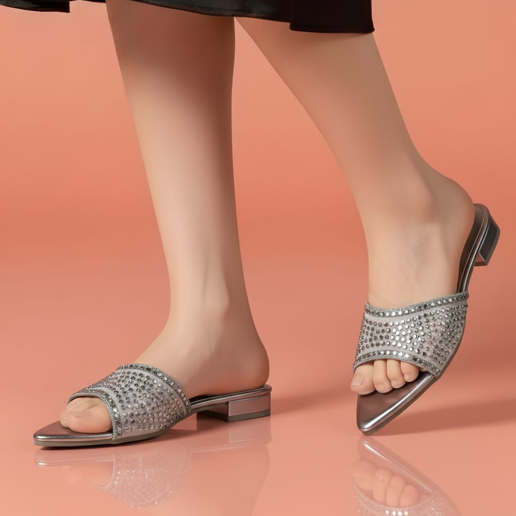 Alayna Fashion | The Stellar-Mesh Glamour Slides – Breathable Sequined Pointed Flats