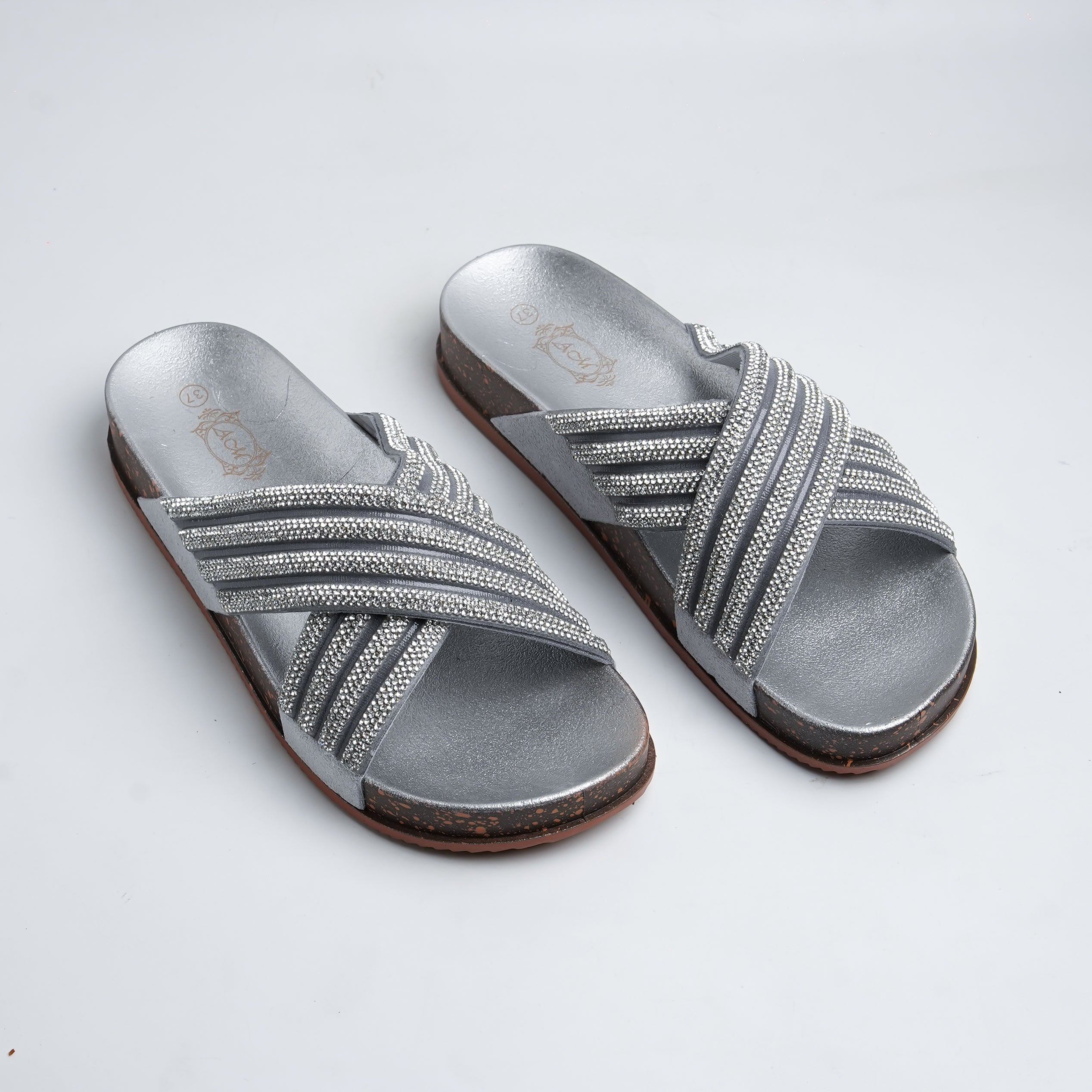 Alayna Fashion | Shimmering Rhinestone Multi-Strap Cross Slides