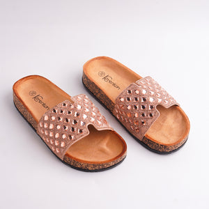 Alayna Fashion pair of Women's Rose Gold Studded Slides with natural cork sole, top view.