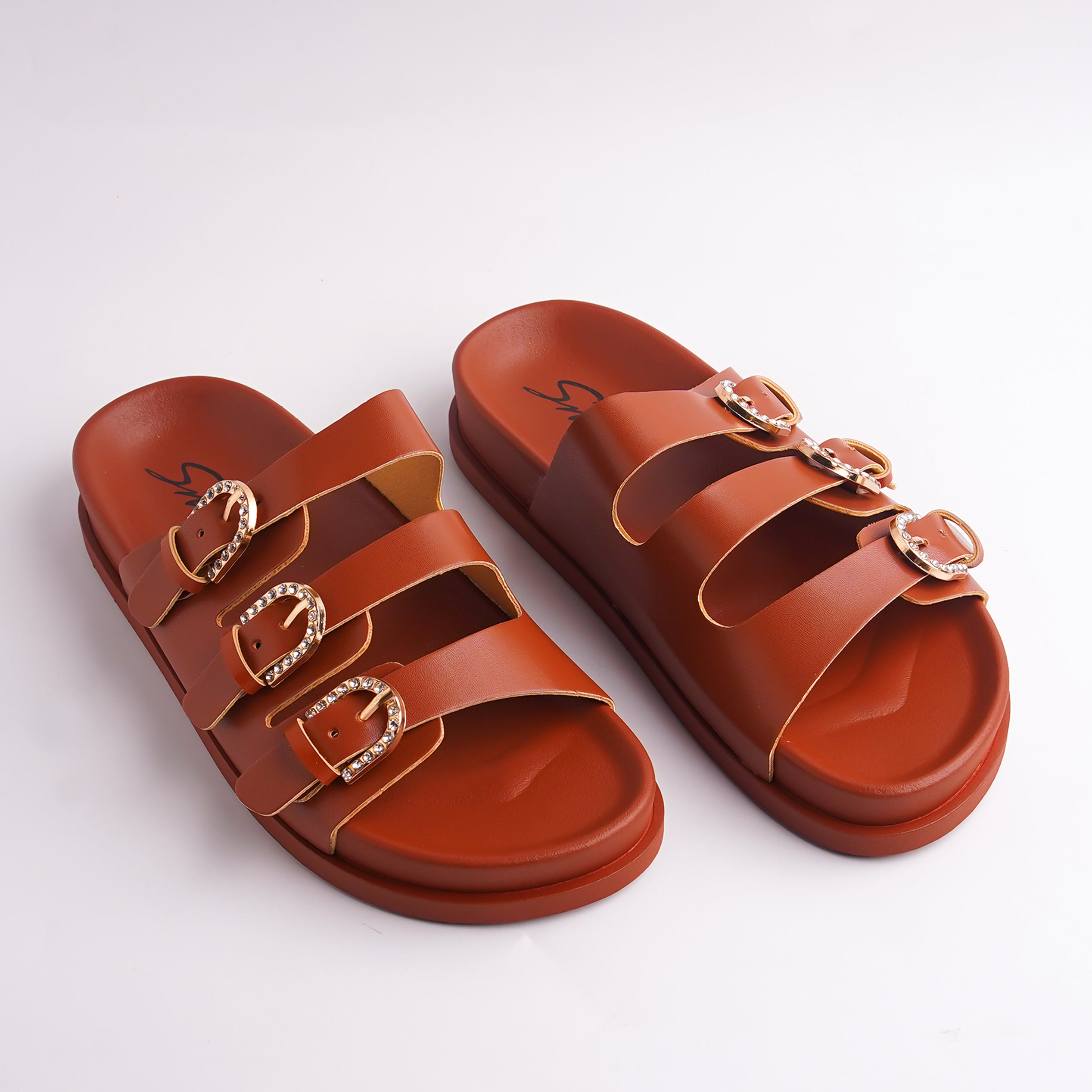 Alayna Fashion pair of Brown Triple-Strap Rhinestone Slides, jeweled flat sandals.