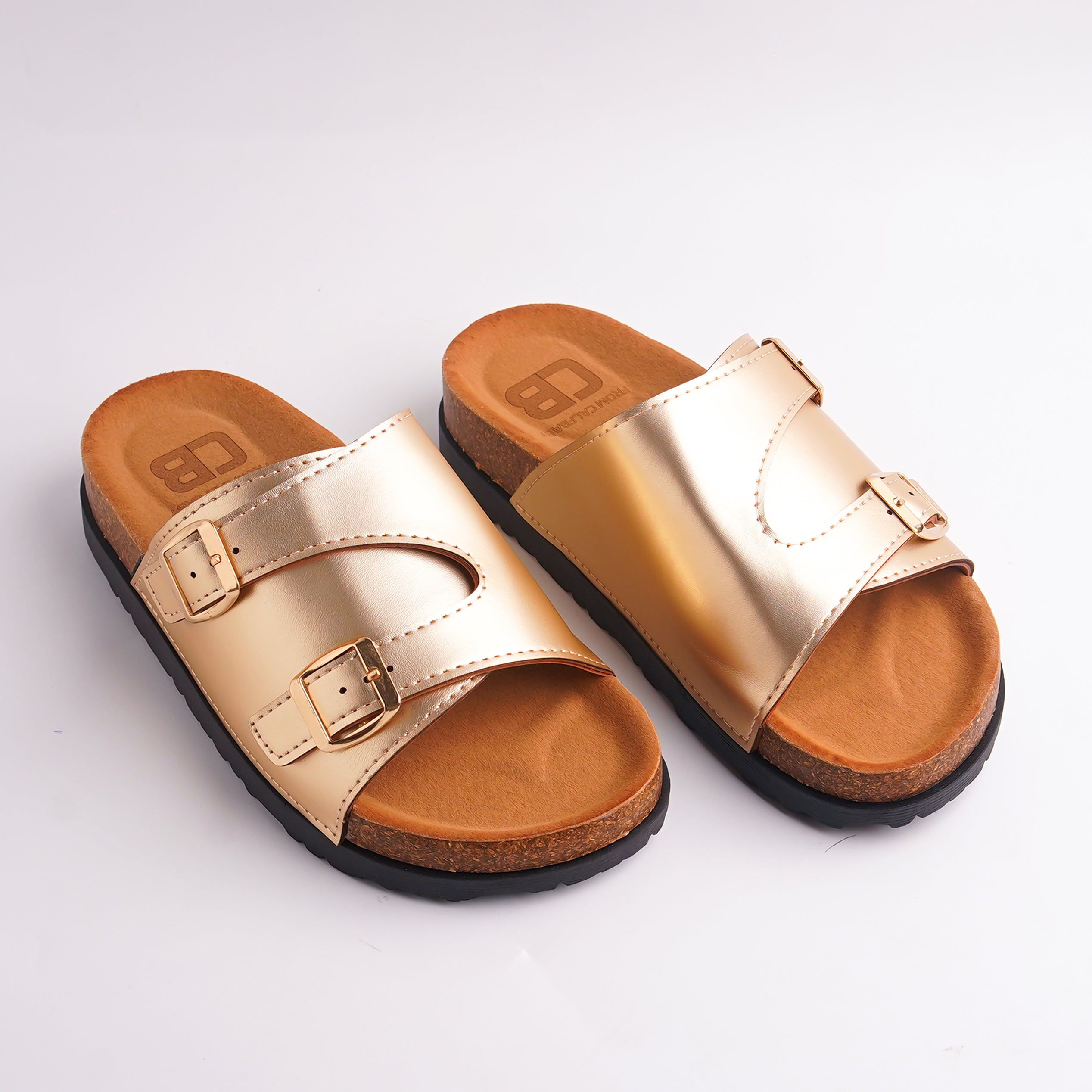 Close-up of Gold Metallic Slide showing the double strap and gold adjustable buckles.