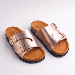 Pair of Pink Double Buckle Cork Slides with black sole.