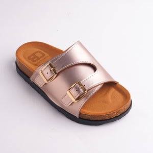Close-up of Pink Metallic Slide showing the double strap and gold adjustable buckles.
