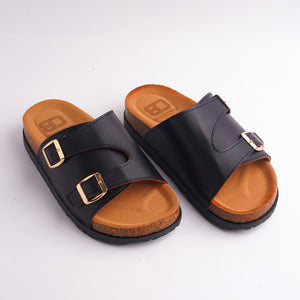 Pair of Rose Gold Double Buckle Cork Slides with black sole.