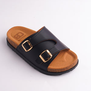 Close-up of Rose Gold Metallic Slide showing the double strap and gold adjustable buckles.