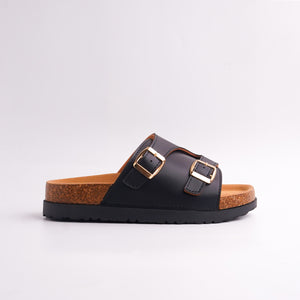 Side profile of Rose Gold Cork Slide showing the visible cork footbed layer.