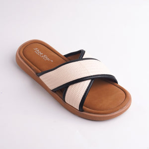 Beige and brown sandal with 'Shoe Star' branding on a light gray background