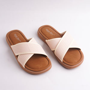 Pair of brown and beige sandals on a white background