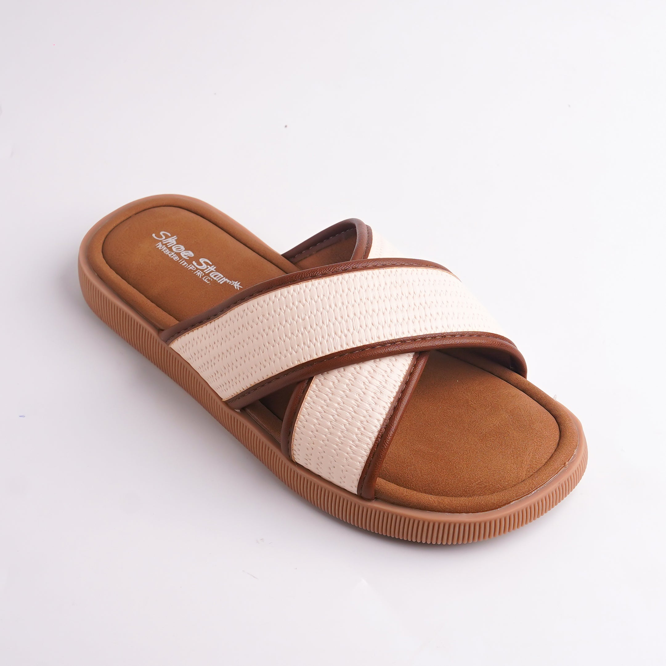 Brown and beige sandal with 'Shoe Shark' branding on a white background